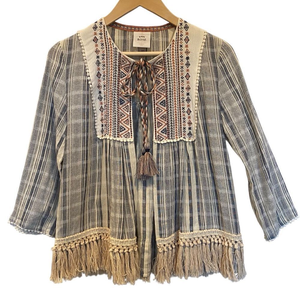 Knox Rose Bohemian 3/4 Sleeve Tassel and Fringe Top - Women's XS